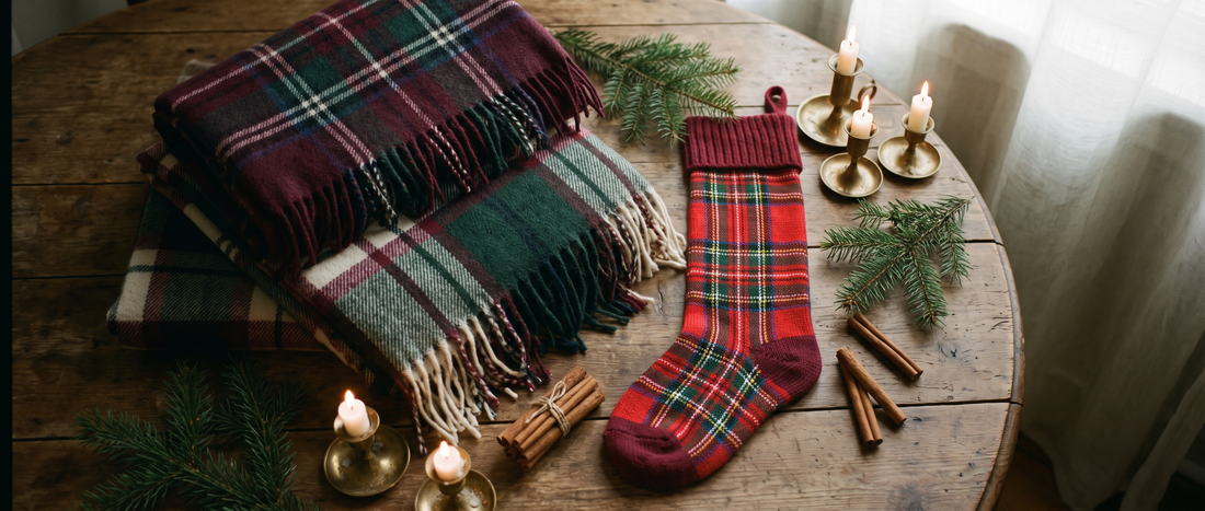 Tartan Christmas stockings, a folded wool blanket, and a wrapped gift box arranged on a mantel with warm string lights