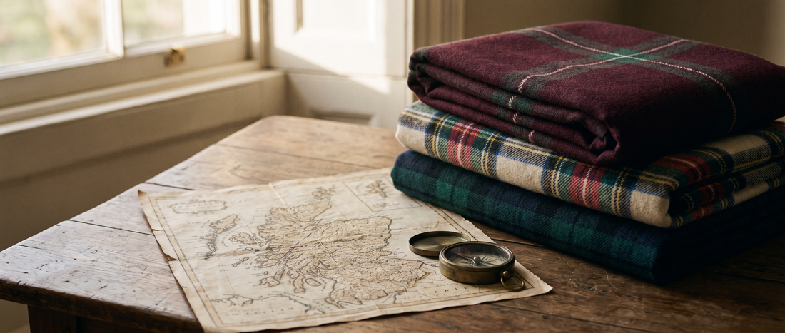 Folded Blackwatch and Royal Stewart tartan wool blankets and scarves on a wooden table in warm light