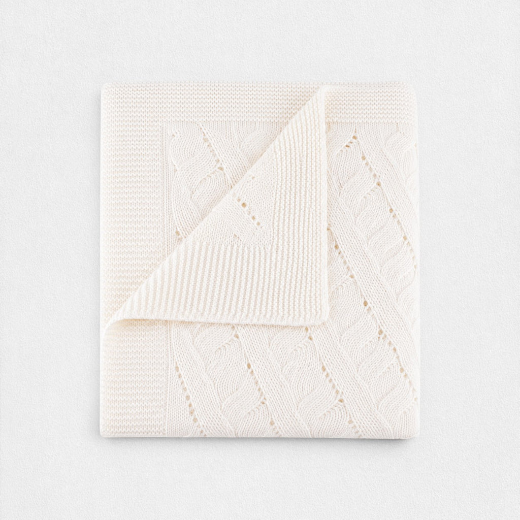 100% Cashmere Cable Knit Baby Blanket - White