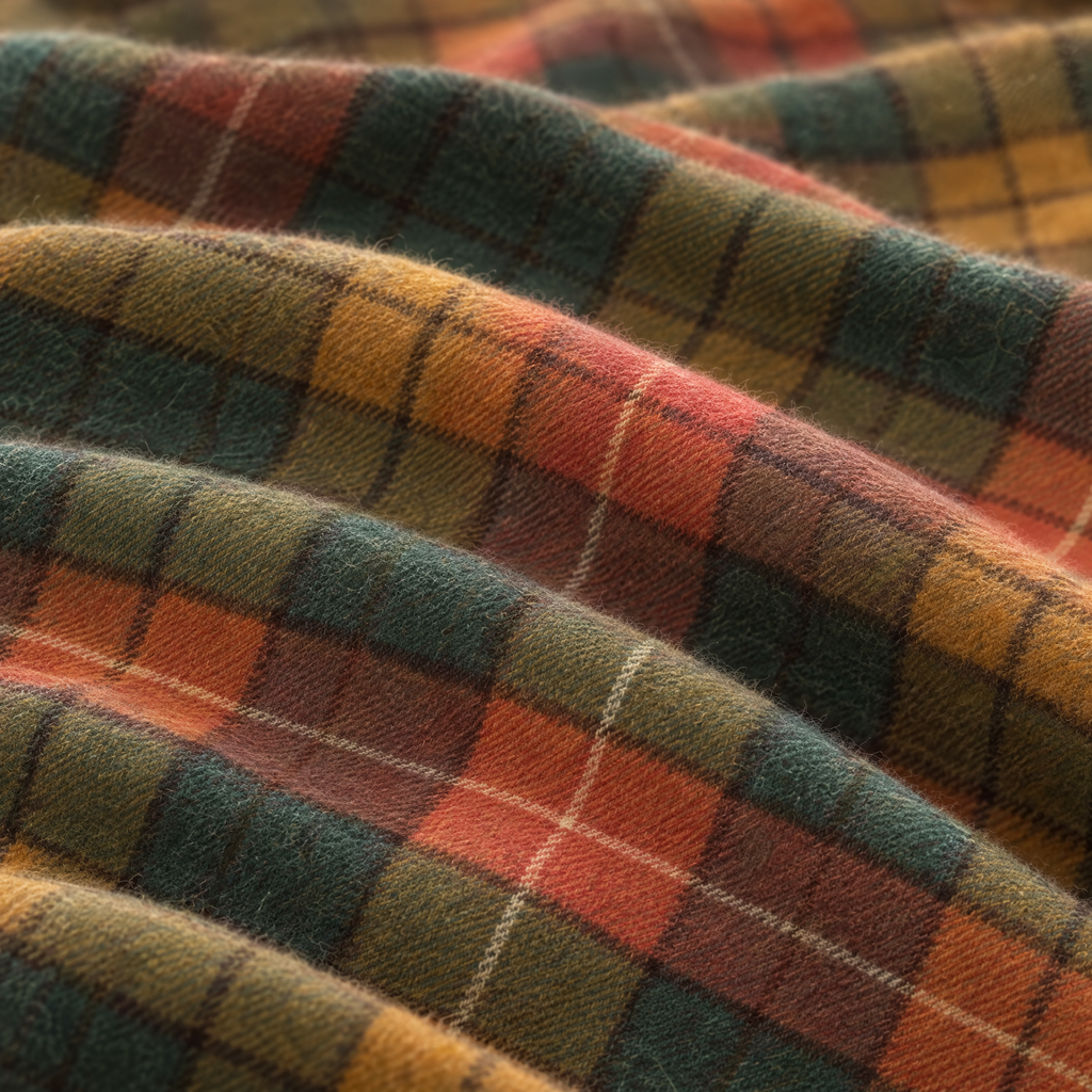 Close-up of the Antique Buchanan tartan lambswool fabric, showing the weave in gold, green and red. [swatch]