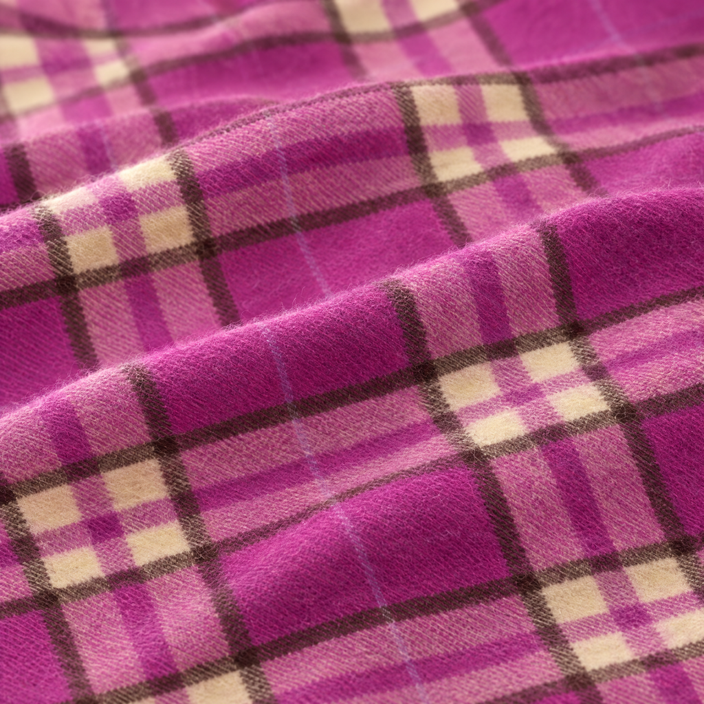 Close-up of the Billet Pink tartan lambswool fabric, showing the weave in soft pink and rich grey. [swatch]