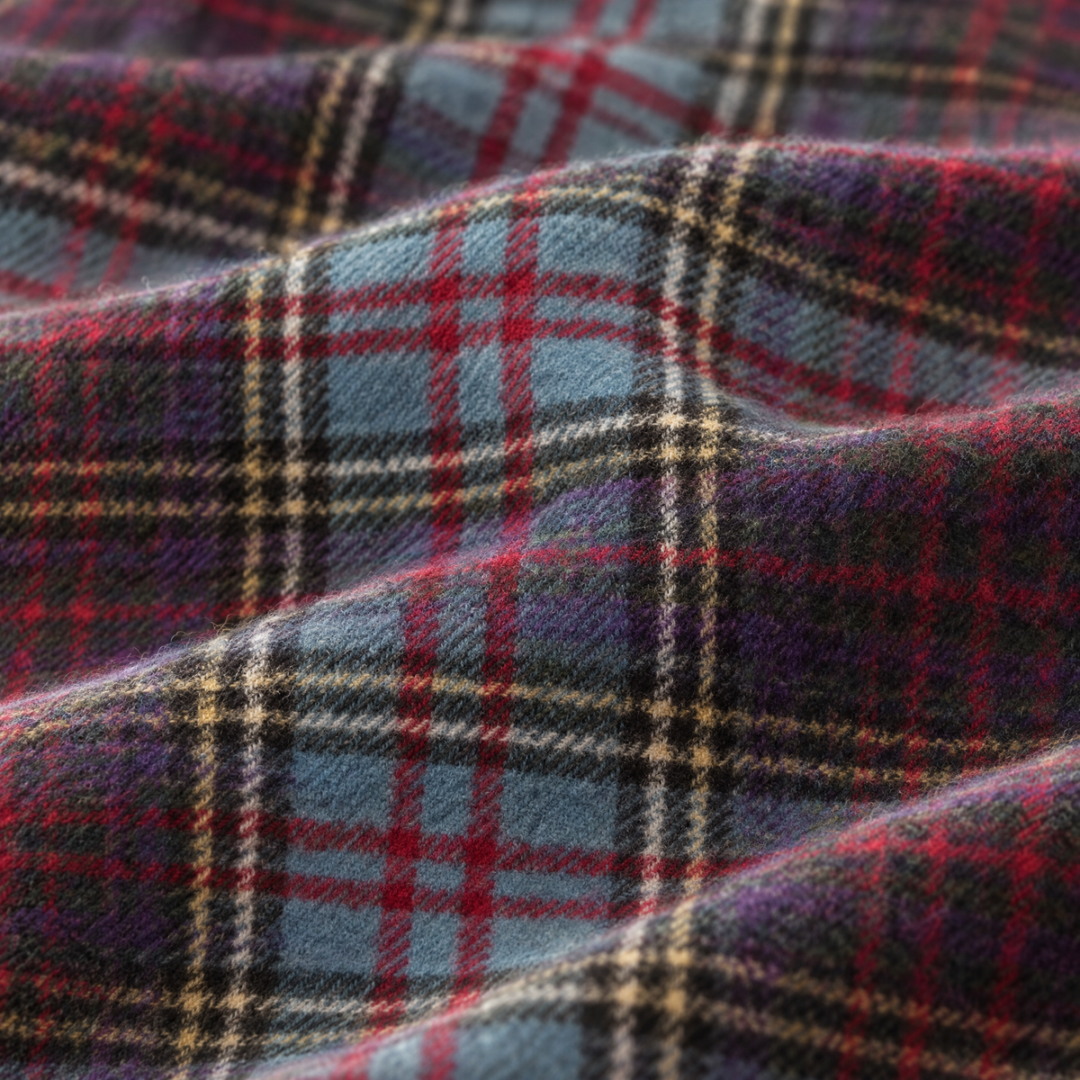 Close-up of the Anderson tartan lambswool fabric, showing the checkered weave in blue, green, ivory, red and yellow. [swatch]