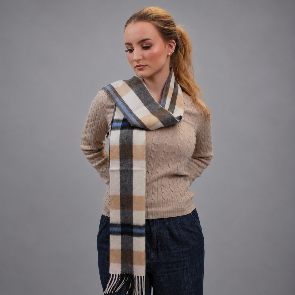 Blue/Camel Check - 100% Cashmere Tartan Scarf