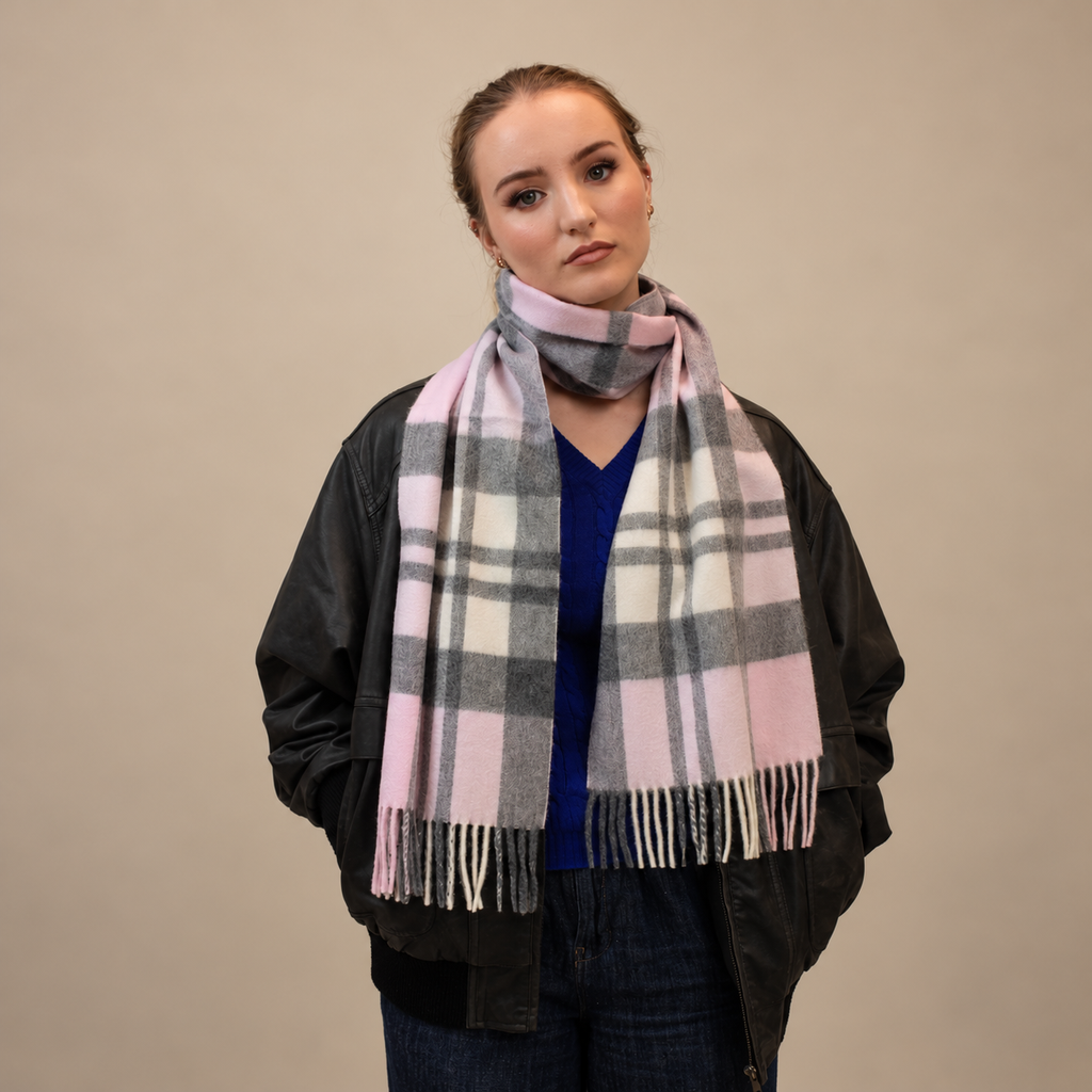 Exploded Camel Pink - 100% Cashmere Tartan Scarf