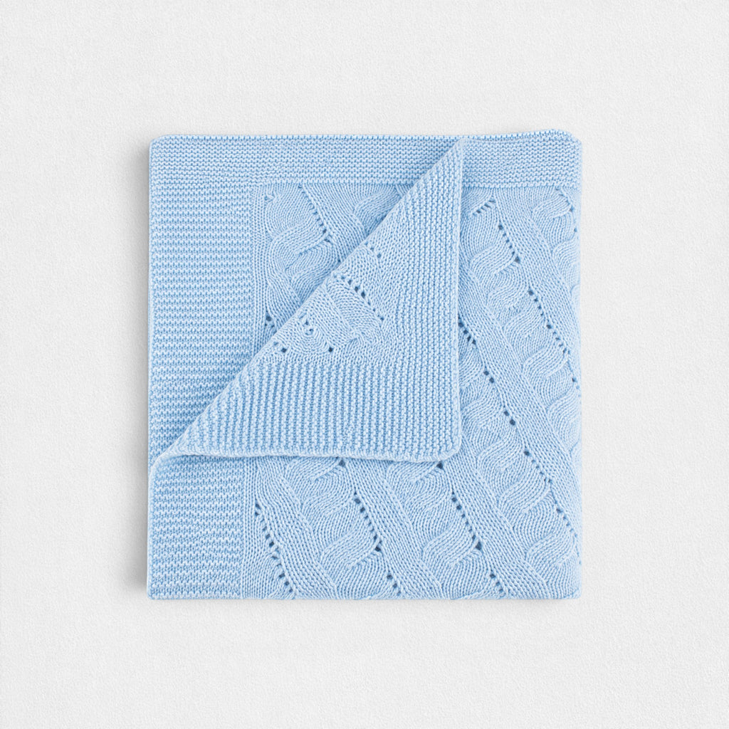 100% Cashmere Cable Knit Baby Blanket - Baby Blue