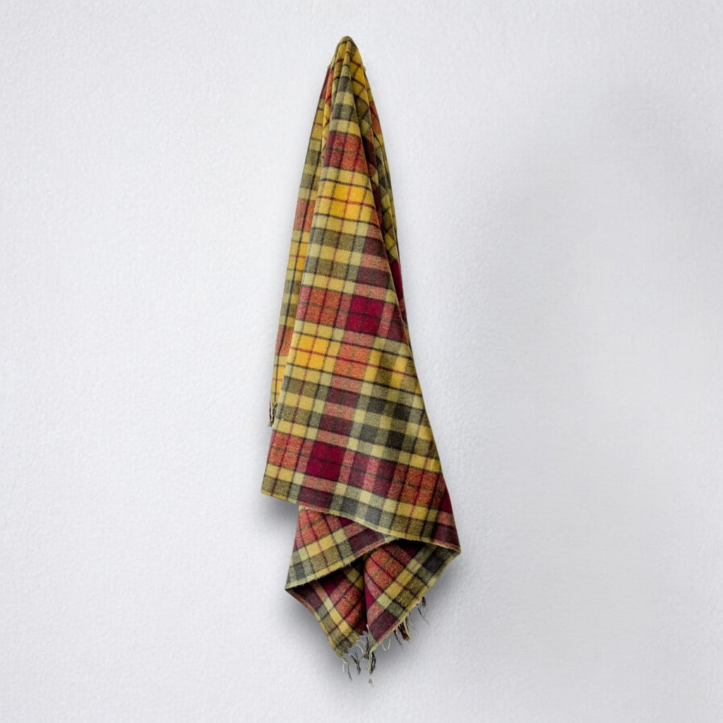 A tartan patterned blanket hanging on a wall, primarily red, green, and yellow.