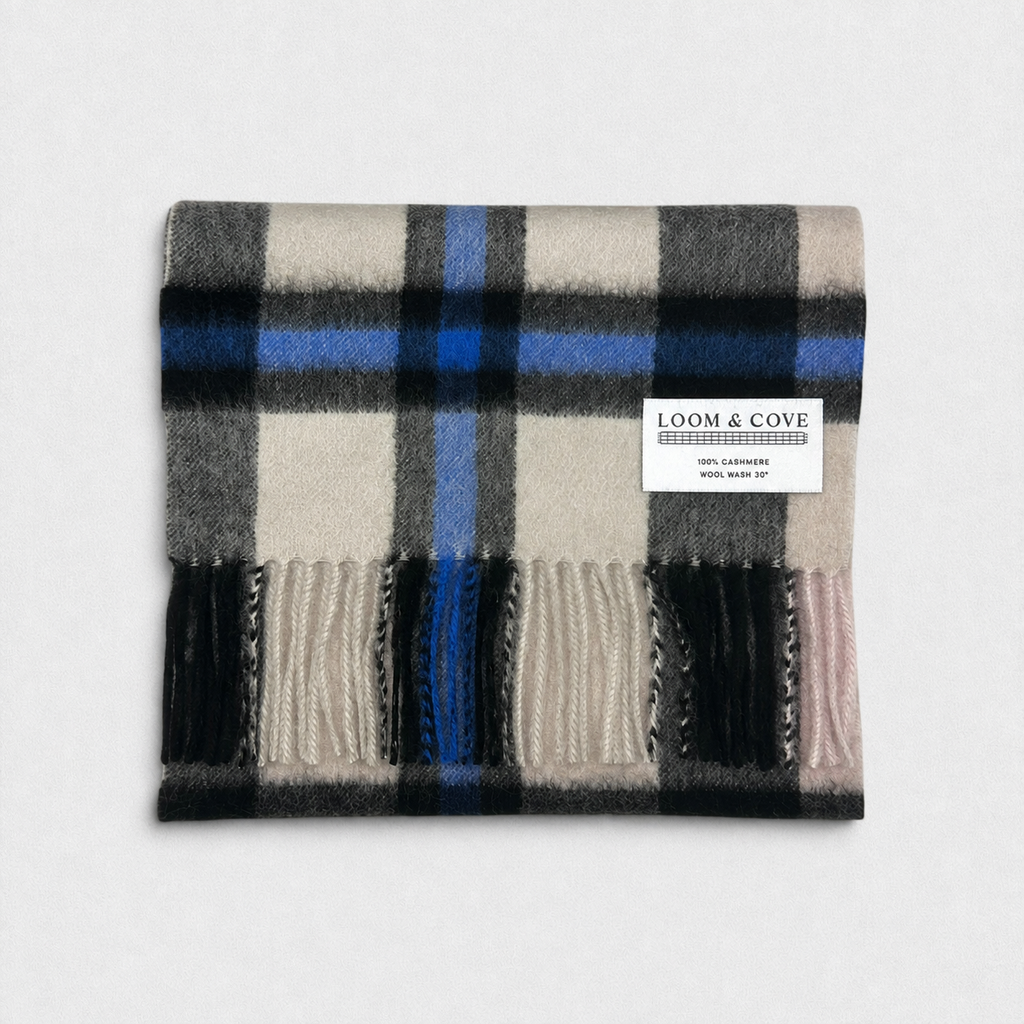 Blue/Camel Check - 100% Cashmere Tartan Scarf