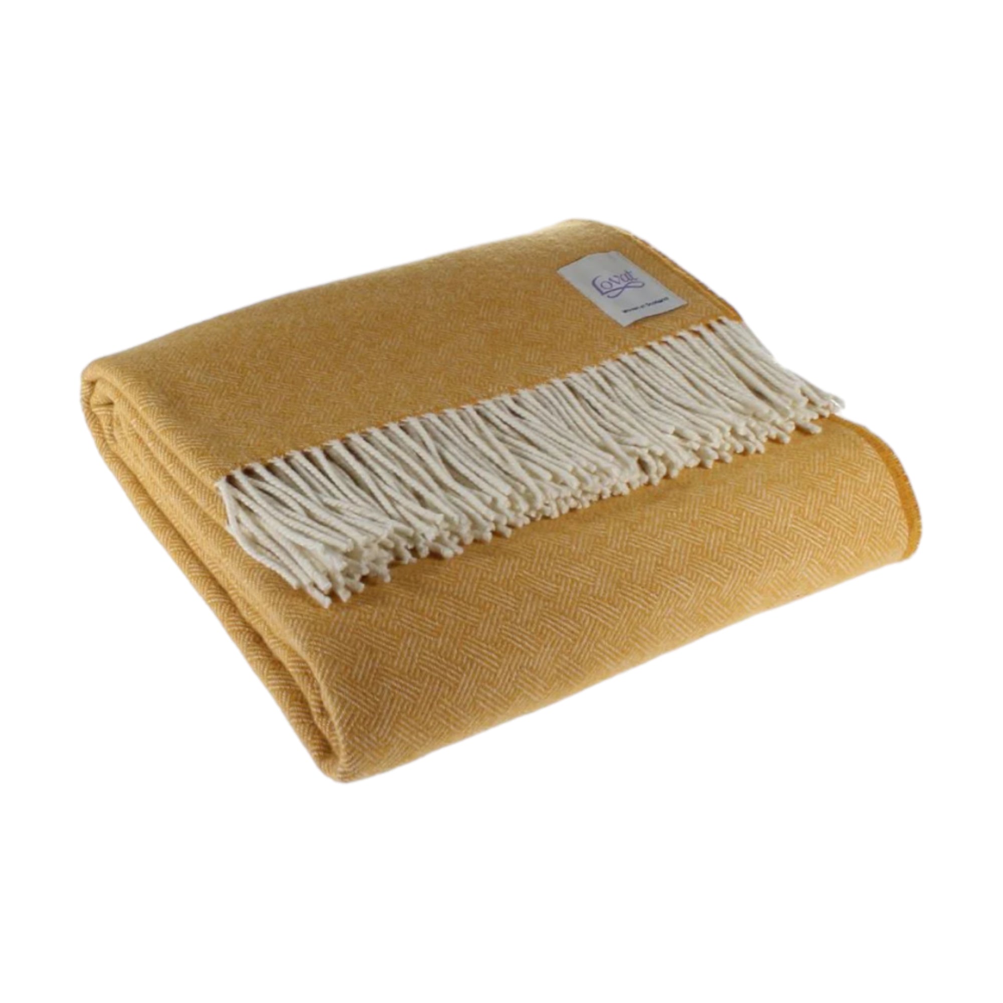 A folded 100% lambswool diamond border blanket in harvest yellow with fringing, displayed on a neutral background.