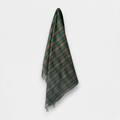 A dark green and brown tartan plaid scarf with fringed edges, hanging against a plain light gray background.