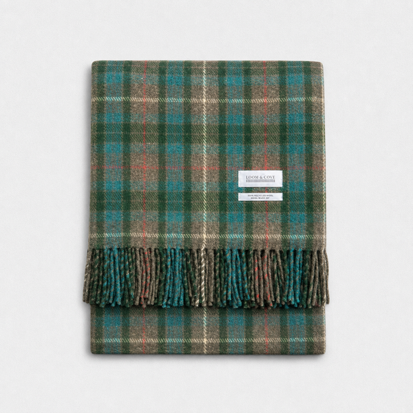 Fraser Hunting Weathered 100% Recycled Wool Tartan Blanket, product photo — Loom & Cove
