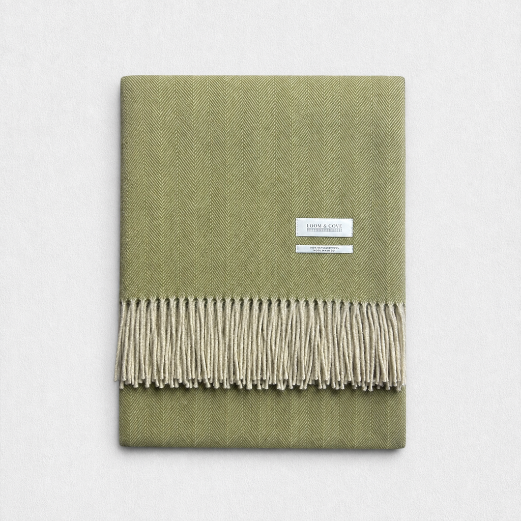 Green Herringbone 100% Recycled Wool Blanket, product photo — Loom & Cove
