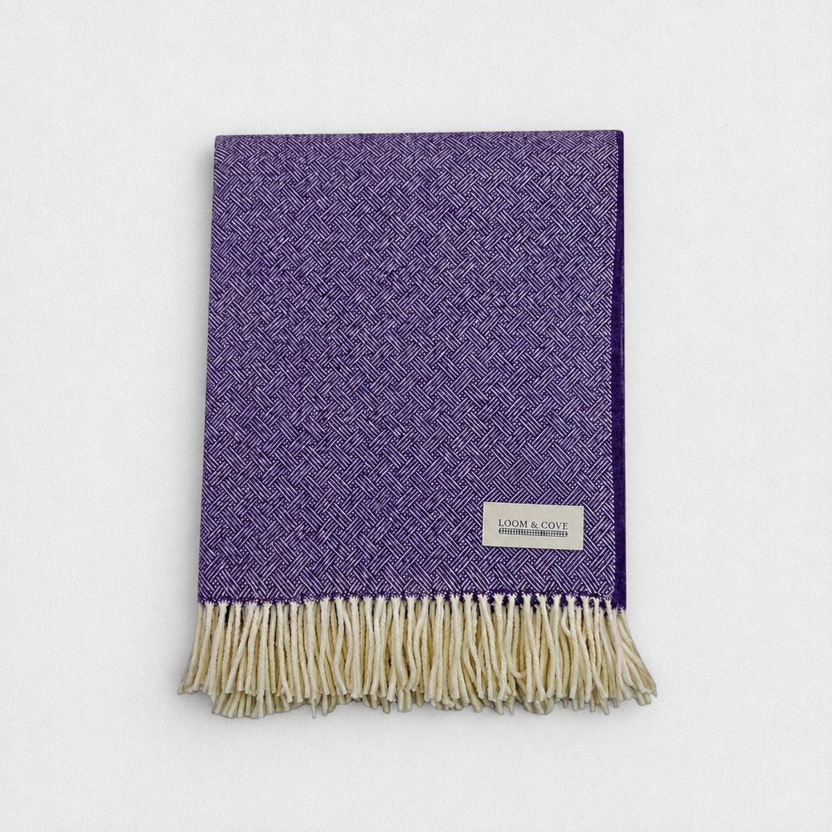 Heather Purple 100% Lambswool Diamond Border Blanket, product photo — Loom & Cove