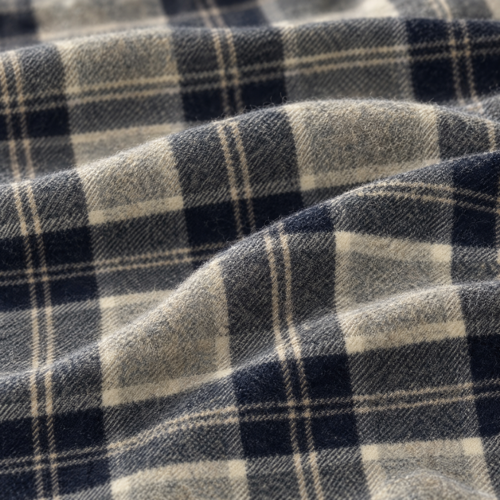 Close-up of the Silver Bannockbane tartan lambswool fabric, showing the weave in dark grey, light grey and navy. [swatch]