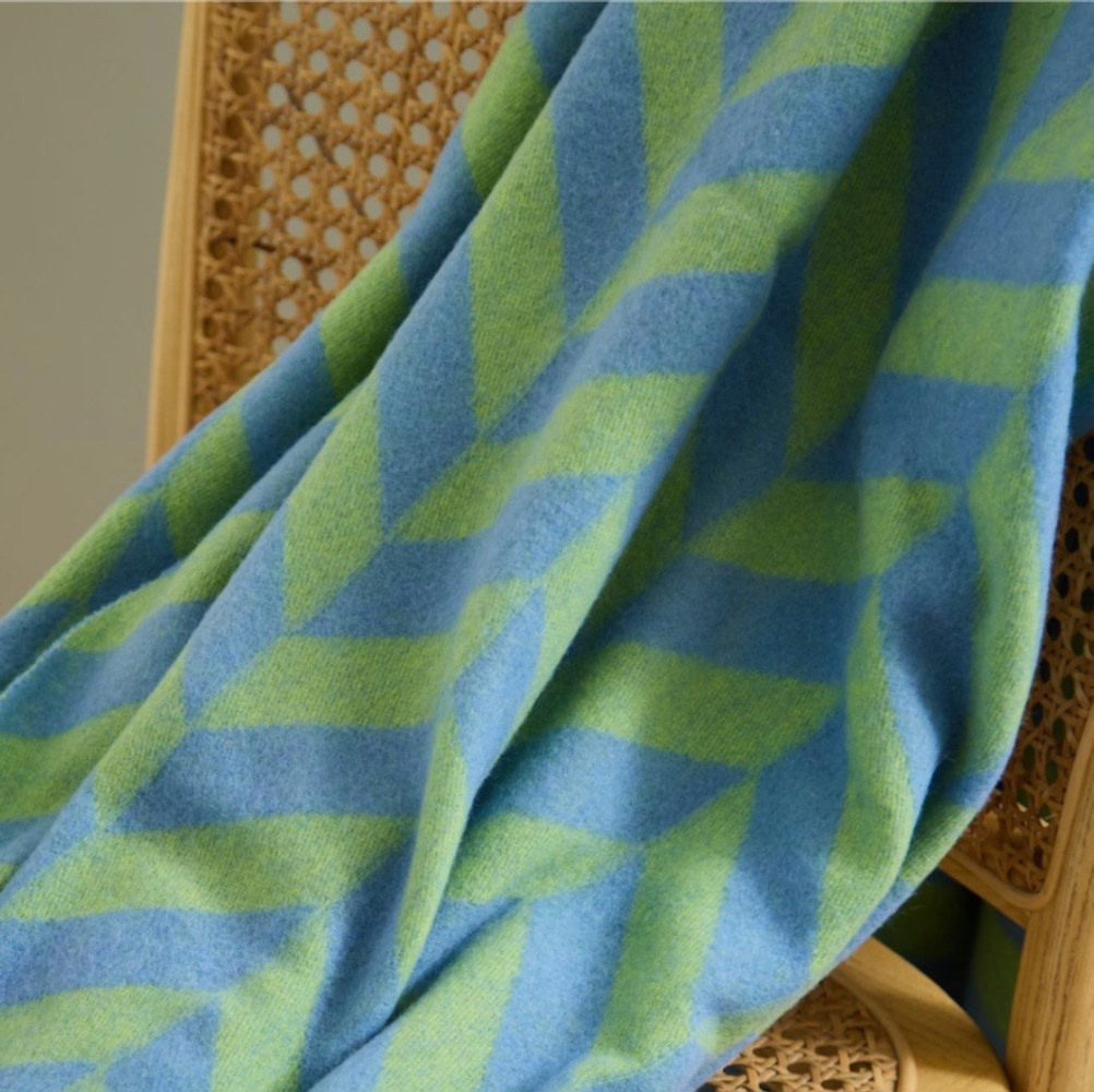 100% Lambswool Chunky Herringbone Blanket -  Zest & Placid Blue