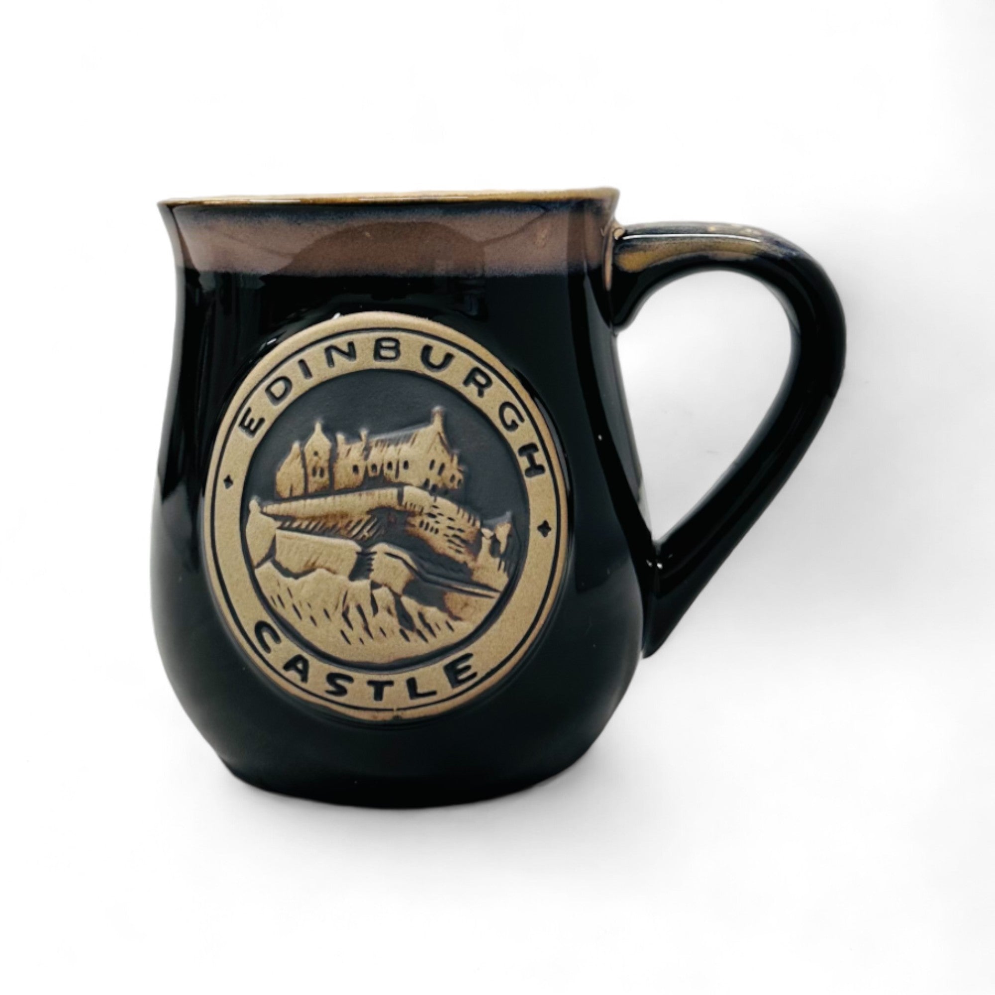 A black stoneware mug with a detailed Edinburgh Castle design and the text 'Edinburgh Castle' around the circumference.