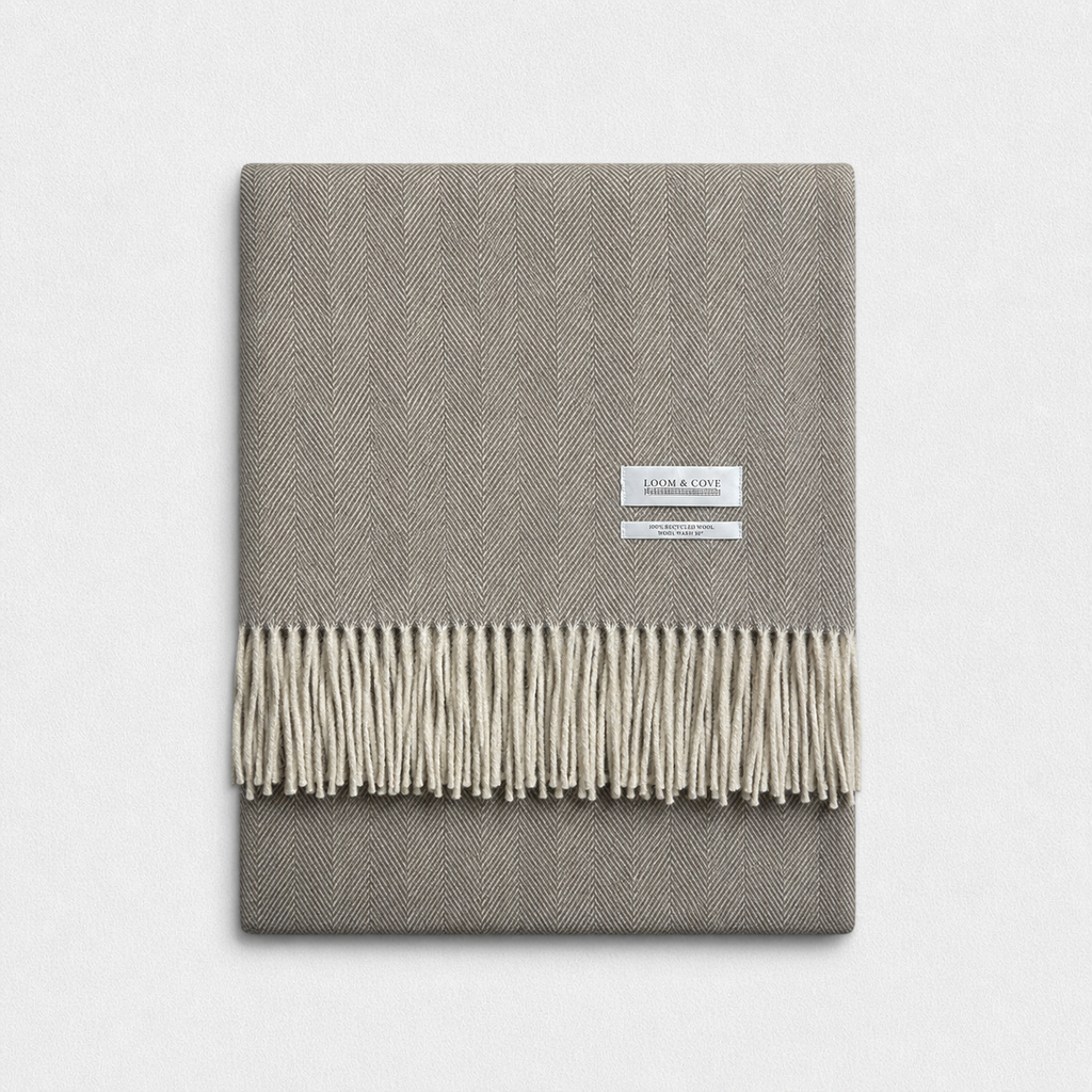 Natural Herringbone 100% Recycled Wool Blanket, product photo — Loom & Cove