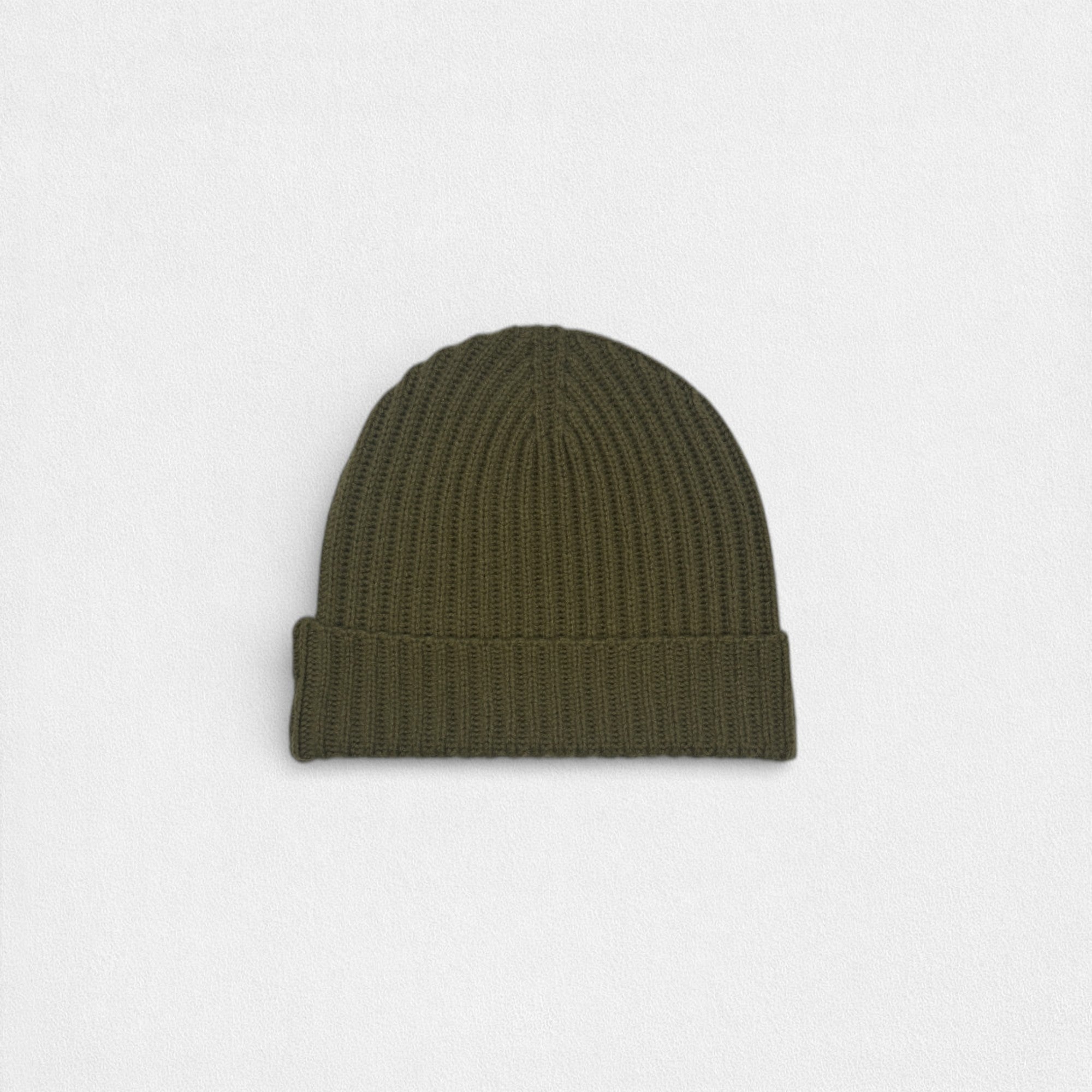 Olive green cashmere beanie on a white background.