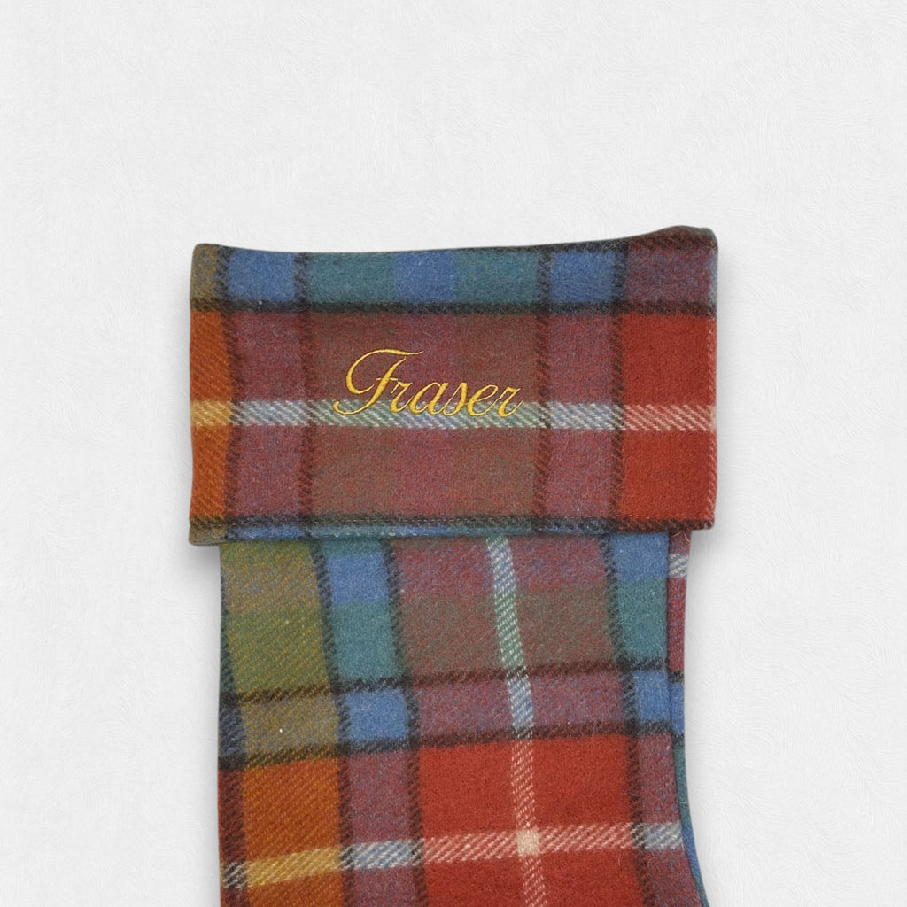 The word Fraser embroidered on the Antique Buchanan wool Christmas Stocking.