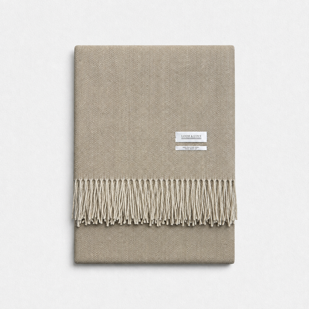 Sand Beige Herringbone 100% Recycled Wool Blanket, product photo — Loom & Cove