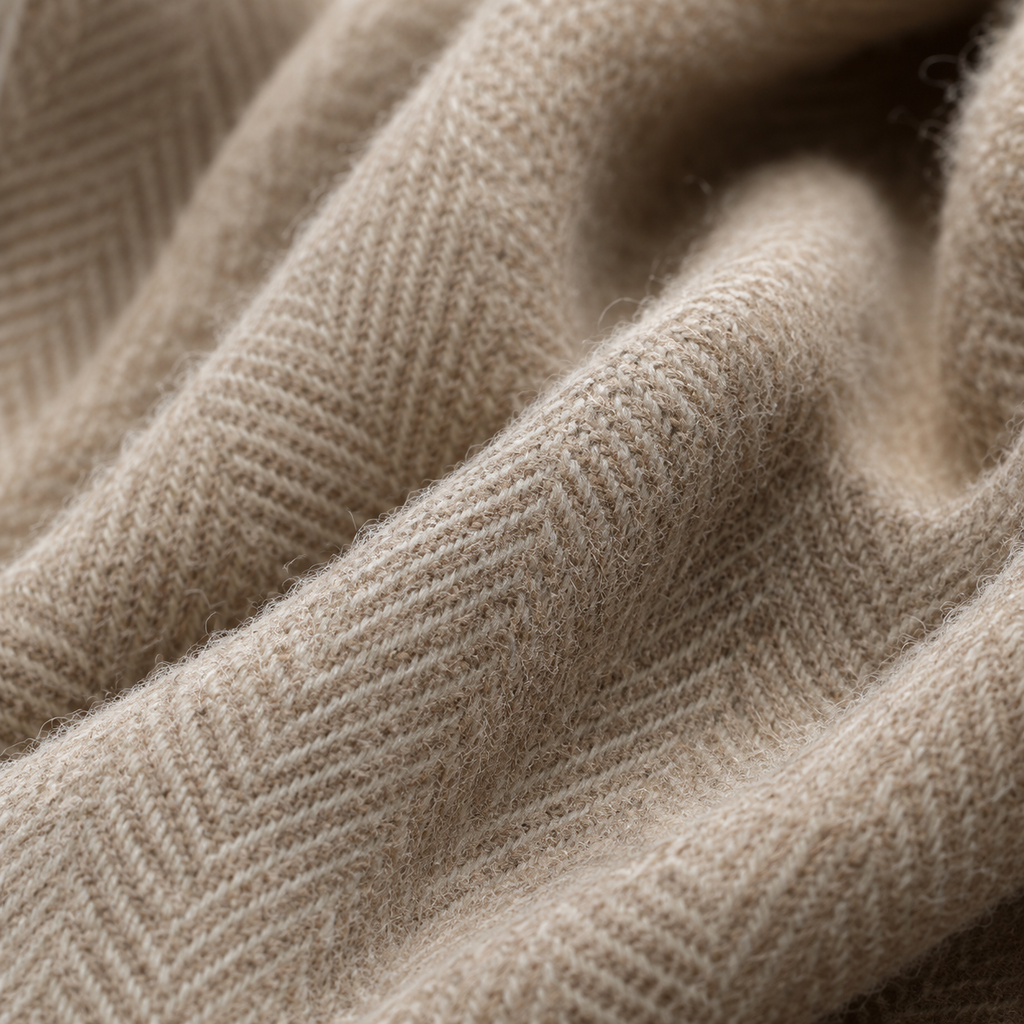 Sand Beige Herringbone 100% Recycled Wool Blanket, product photo — Loom & Cove