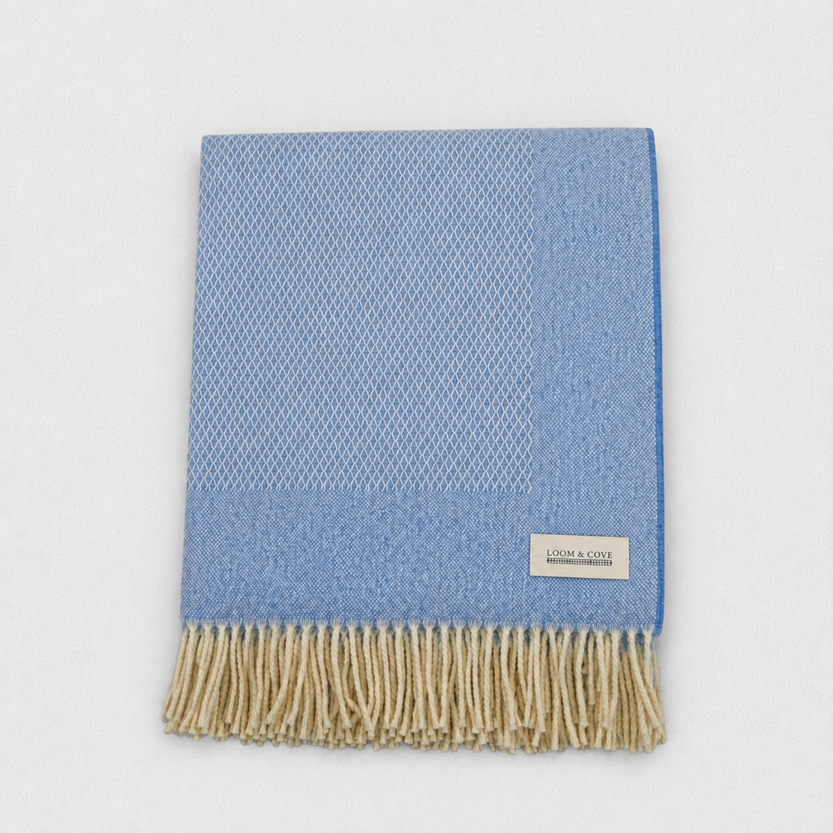 Sky Blue 100% Lambswool Diamond Border Blanket, product photo — Loom & Cove
