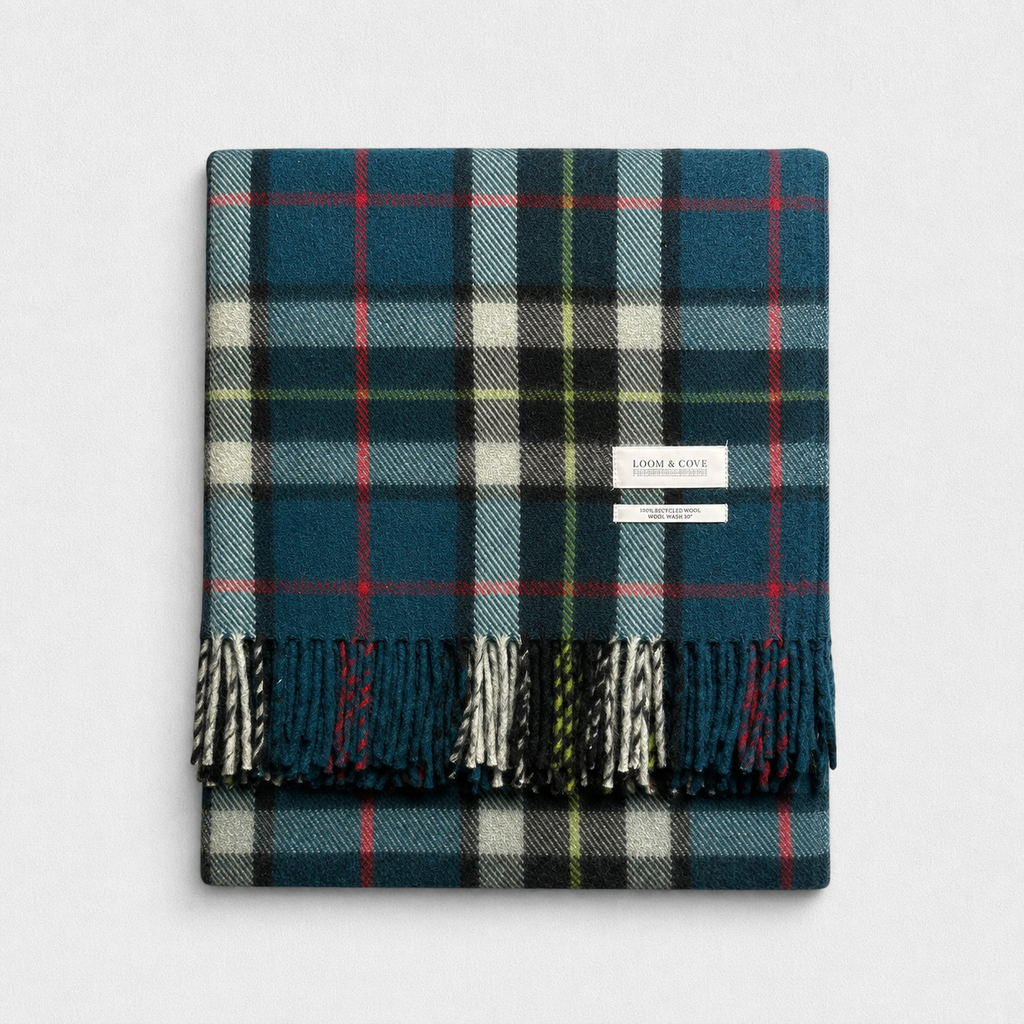Thomson Blue 100% Recycled Wool Tartan Blanket, product photo — Loom & Cove