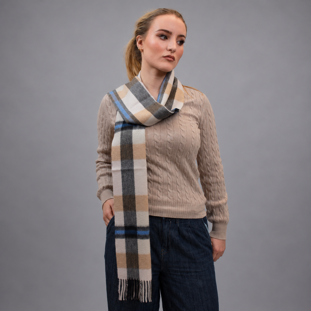Blue/Camel Check - 100% Cashmere Tartan Scarf