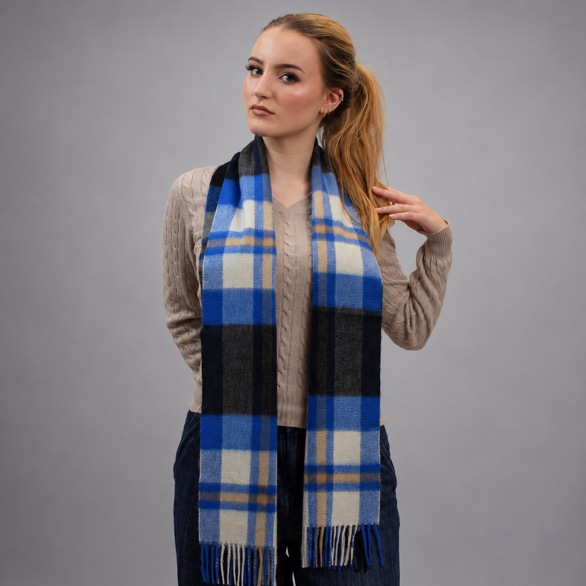 Blue/Black Check - 100% Cashmere Tartan Scarf