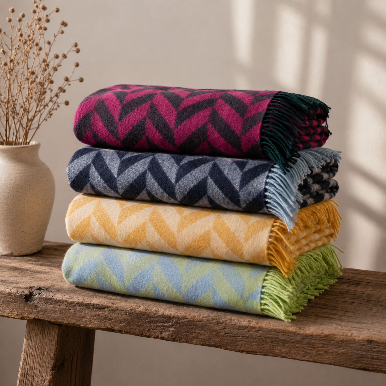 A 100% lambswool blanket from Loom & Cove, folded neatly on a plain background.