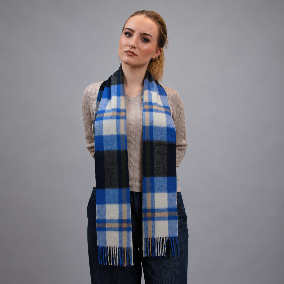 Blue/Black Check - 100% Cashmere Tartan Scarf