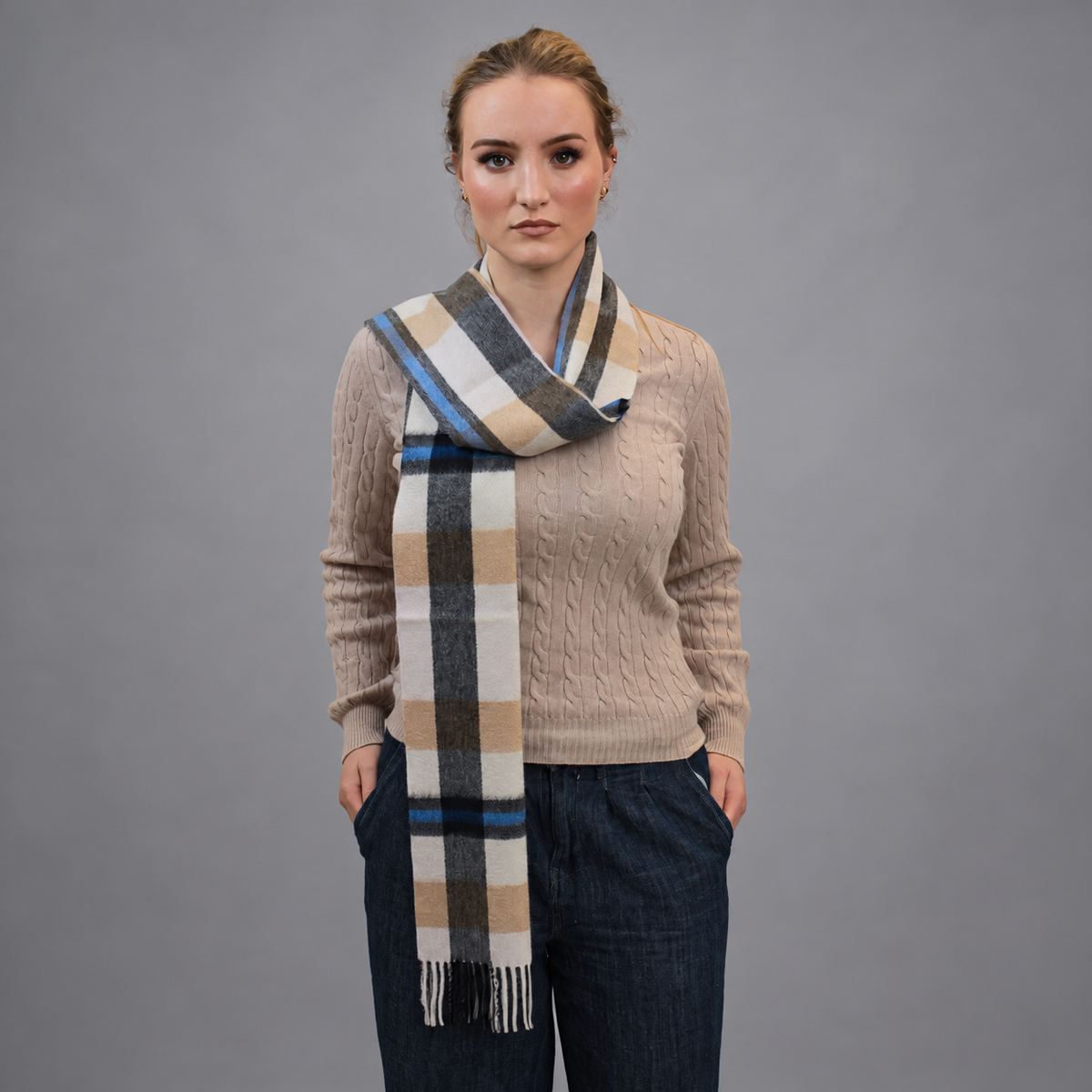 Blue/Camel Check - 100% Cashmere Tartan Scarf