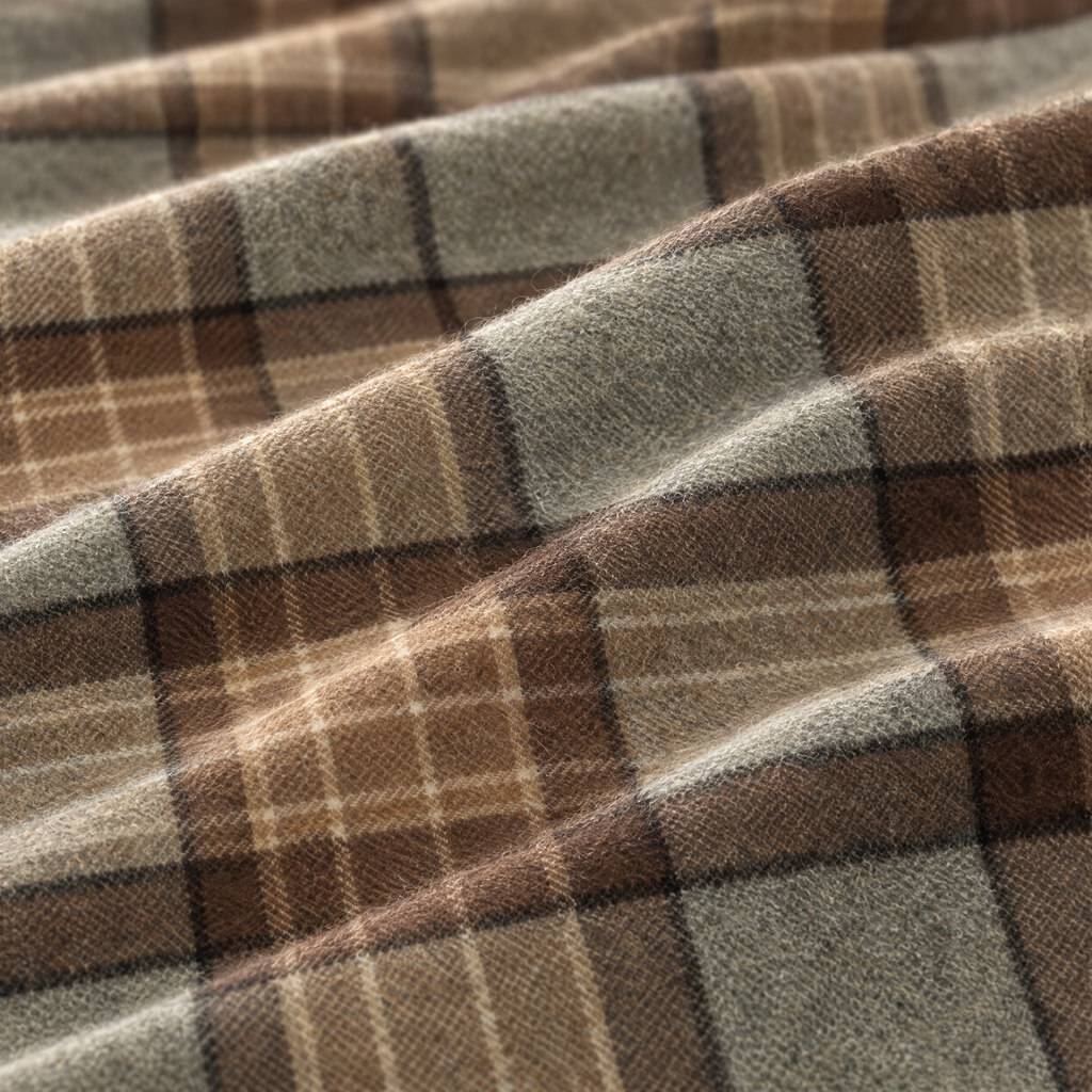 Close-up of the MacKellar tartan lambswool fabric, showing the checkered weave in brown and grey tones. [swatch]